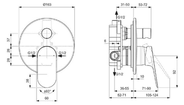 Baterie cadă-duș încastrată, Ideal Standard Ceralife O, 2 funcții, crom