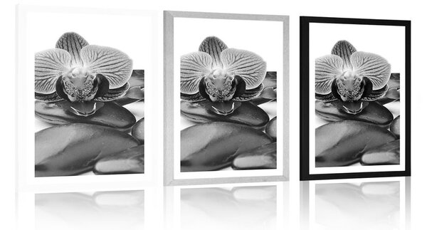 Poster cu passepartout pietre wellness de masaj în design alb-negru