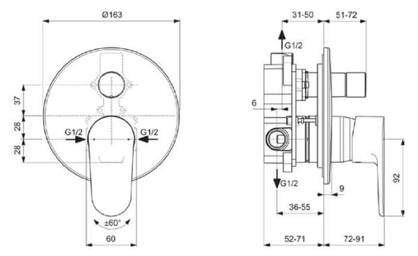 Baterie cadă-duș încastrată ,Ideal Standard Cerafine O, crom