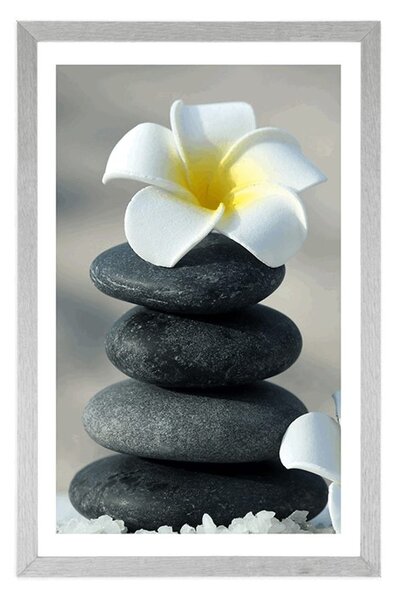 Poster cu passepartout pietre armonioase și o floare de plumeria