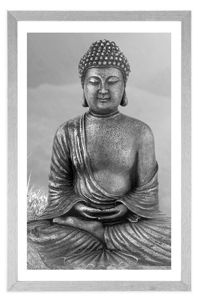 Poster cu passepartout statuie lui Buddha în poziție de meditație în design alb-negru