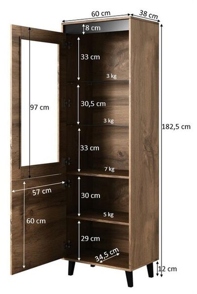 Vitrina NORD, stejar wotan/gri antracit, PAL laminat/plastic, 60x38x18