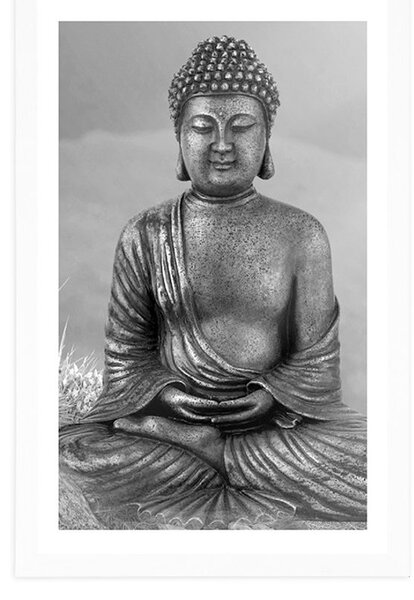 Poster cu passepartout statuie lui Buddha în poziție de meditație în design alb-negru