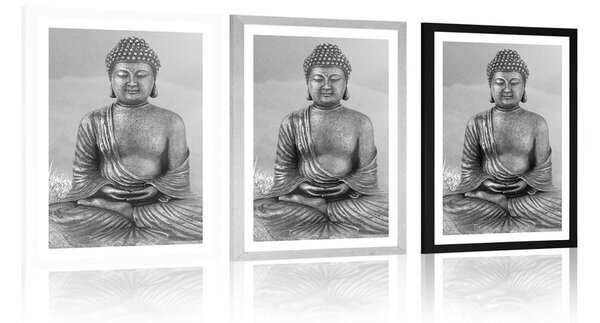 Poster cu passepartout statuie lui Buddha în poziție de meditație în design alb-negru
