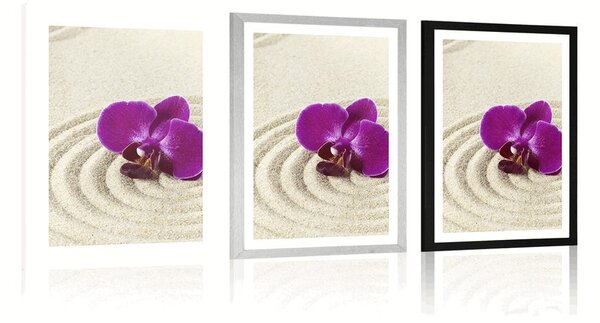 Poster cu passepartout grădină Zen nisipoasă cu orhidee violetă