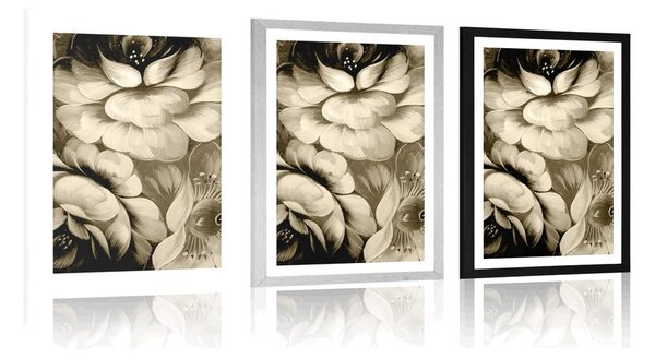 Poster cu passepartout lume impresionistă a florilor în design sepia