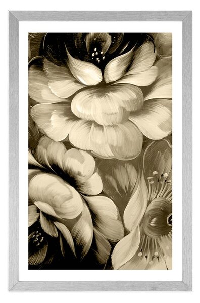Poster cu passepartout lume impresionistă a florilor în design sepia