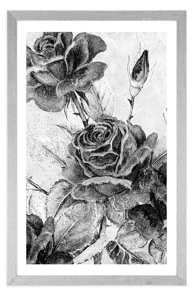 Poster cu passepartout buchet vintage de trandafiri cu design alb-negru