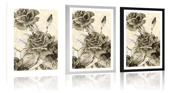 Poster cu passepartout buchet vintage de trandafiri cu design sepia
