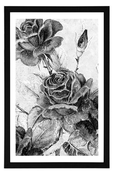 Poster cu passepartout buchet vintage de trandafiri cu design alb-negru