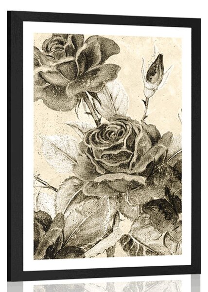 Poster cu passepartout buchet vintage de trandafiri cu design sepia