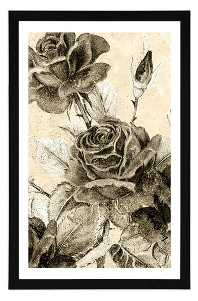 Poster cu passepartout buchet vintage de trandafiri cu design sepia