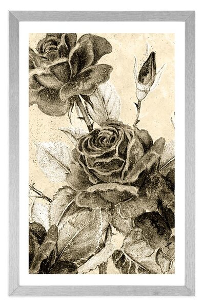 Poster cu passepartout buchet vintage de trandafiri cu design sepia