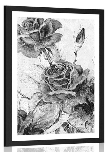 Poster cu passepartout buchet vintage de trandafiri cu design alb-negru