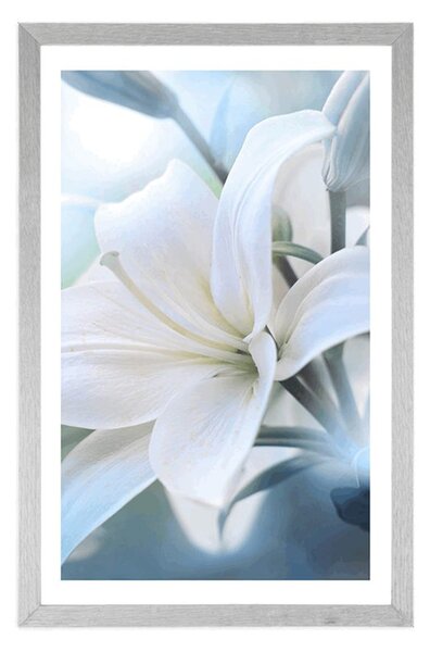 Poster cu passepartout floare de crin alb pe fundal abstract