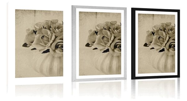 Poster cu passepartout trandafiri într-o vază în design sepia
