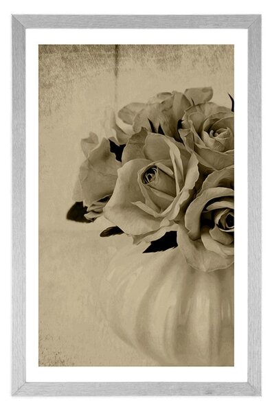 Poster cu passepartout trandafiri într-o vază în design sepia
