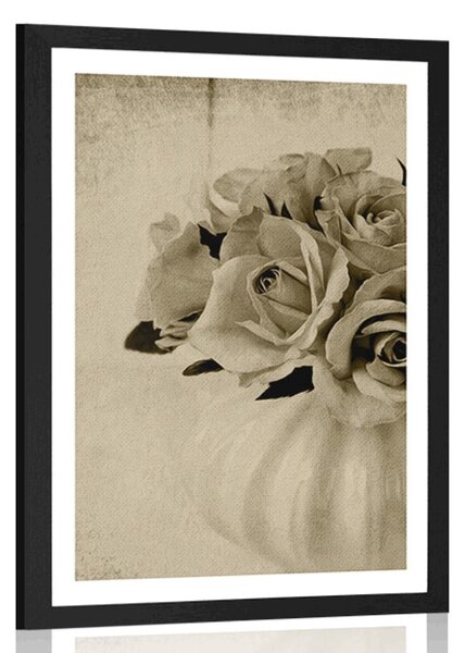 Poster cu passepartout trandafiri într-o vază în design sepia