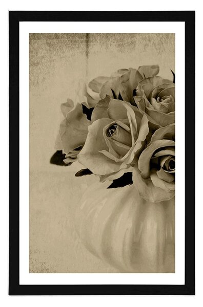 Poster cu passepartout trandafiri într-o vază în design sepia