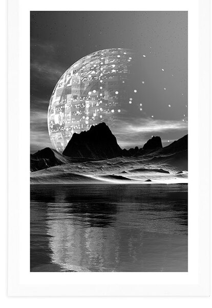 Poster cu passepartout peisaj futurist în design alb-negru