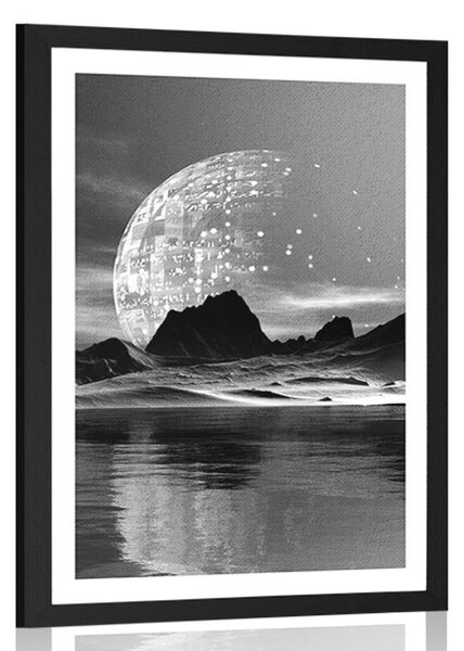Poster cu passepartout peisaj futurist în design alb-negru
