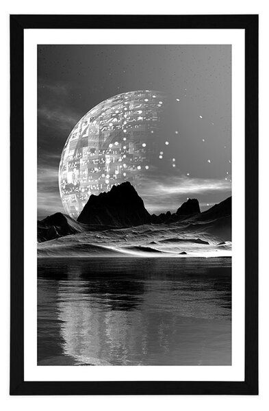 Poster cu passepartout peisaj futurist în design alb-negru