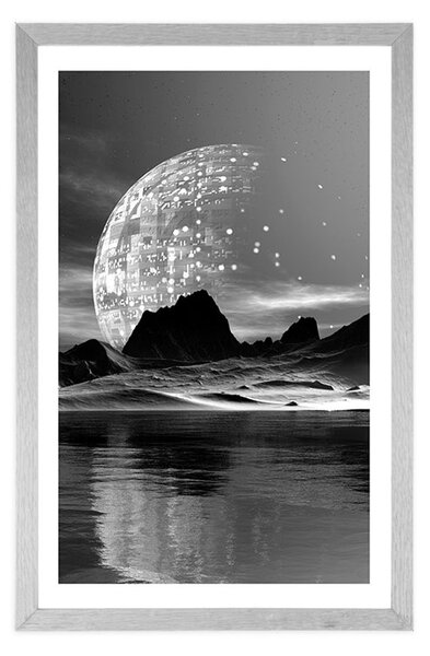 Poster cu passepartout peisaj futurist în design alb-negru