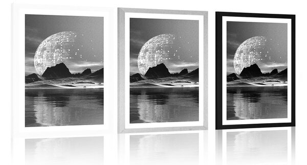 Poster cu passepartout peisaj futurist în design alb-negru
