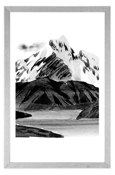Poster cu passepartout peisajul montan frumos în design alb-negru