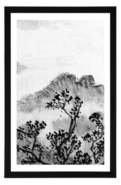 Poster cu passepartout pictură tradițională chineză ale peisajului în design alb-negru
