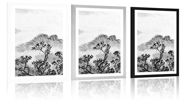 Poster cu passepartout pictură tradițională chineză ale peisajului în design alb-negru