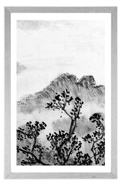 Poster cu passepartout pictură tradițională chineză ale peisajului în design alb-negru