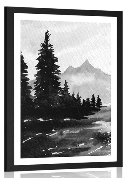 Poster cu passepartout peisajul de artă în design alb-negru