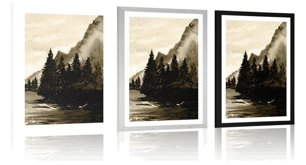Poster cu passepartout peisajul pictat de iarnă în design sepia