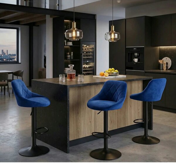 Scaun bar H101, albastru/negru, stofa catifelata/metal, 47x45x84/106 c