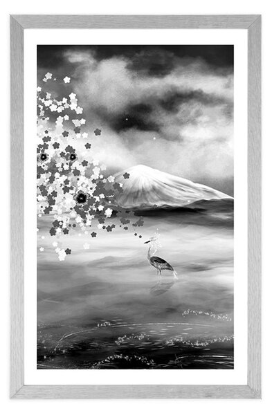Poster cu passepartout stârci sub copacul magic în design alb-negru