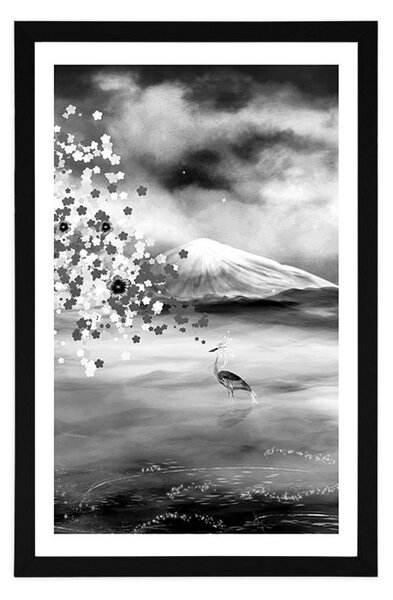 Poster cu passepartout stârci sub copacul magic în design alb-negru