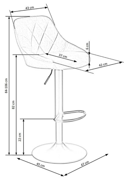 Scaun bar H101, albastru/negru, stofa catifelata/metal, 47x45x84/106 c
