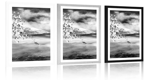 Poster cu passepartout stârci sub copacul magic în design alb-negru