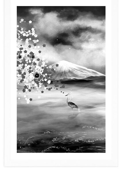 Poster cu passepartout stârci sub copacul magic în design alb-negru