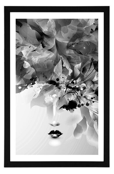 Poster cu passepartout față feminină la modă cu elemente abstracte în design alb-negru