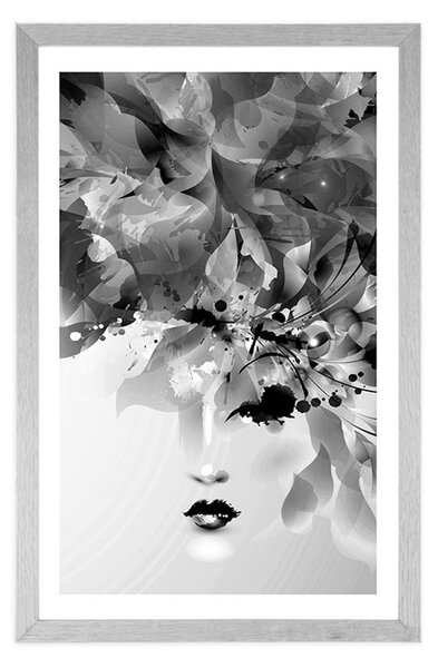 Poster cu passepartout față feminină la modă cu elemente abstracte în design alb-negru