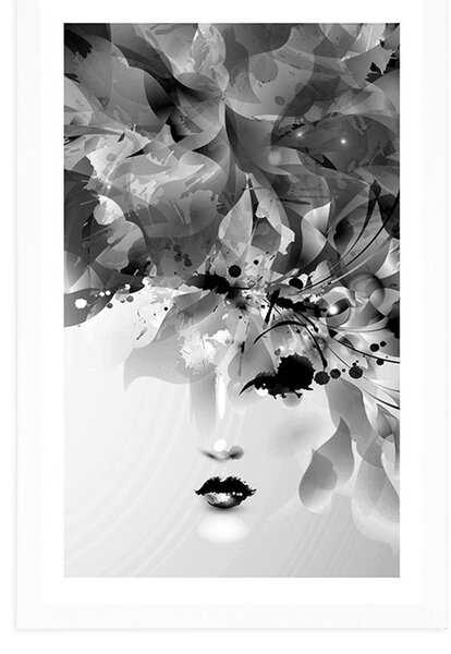 Poster cu passepartout față feminină la modă cu elemente abstracte în design alb-negru