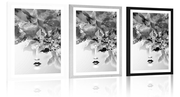 Poster cu passepartout față feminină la modă cu elemente abstracte în design alb-negru