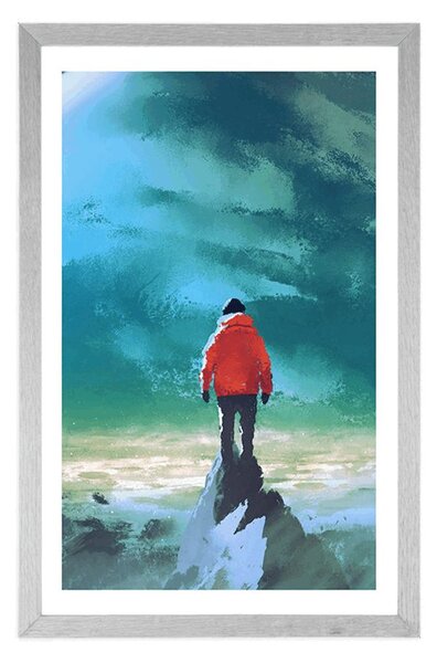 Poster cu passepartout bărbat în vârful muntelui