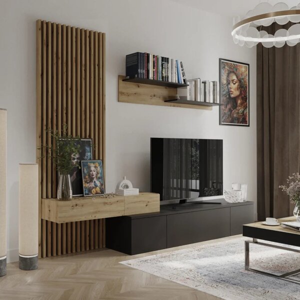 Mobilier living REBEKA, stejar artisan/negru, PAL melaminat, 4 piese