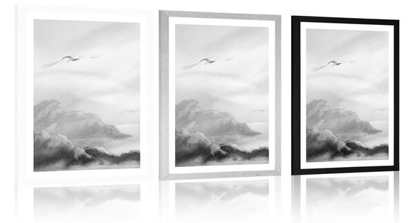 Poster cu passepartout zborul păsărilor deasupra peisajului în design alb-negru