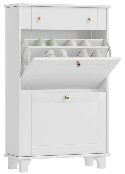 HOMCOM Dulap Pantofi Slim cu 2 Uși, Sertar, Rafturi Reglabile, 8 Perechi, MDF, PAL, 60 x 23,5 x 98,5 cm, Alb | Aosom Romania