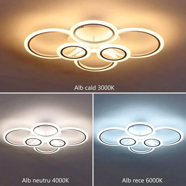 Lustra LED tavan 4+2 cercuri alba, cu telecomanda, echivalent 600W, lustra mare 80cm pentru living