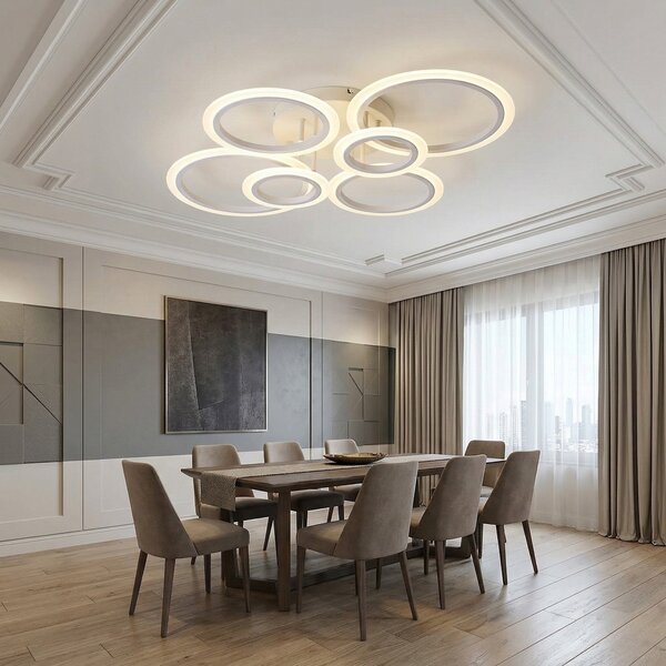 Lustra LED tavan 4+2 cercuri alba, cu telecomanda, echivalent 600W, lustra mare 80cm pentru living